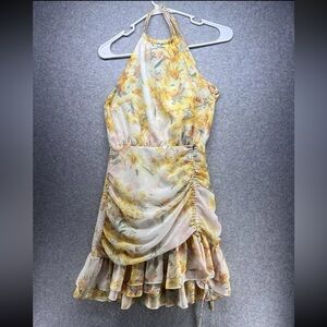 Yellow Floral Ruched Mini Dress